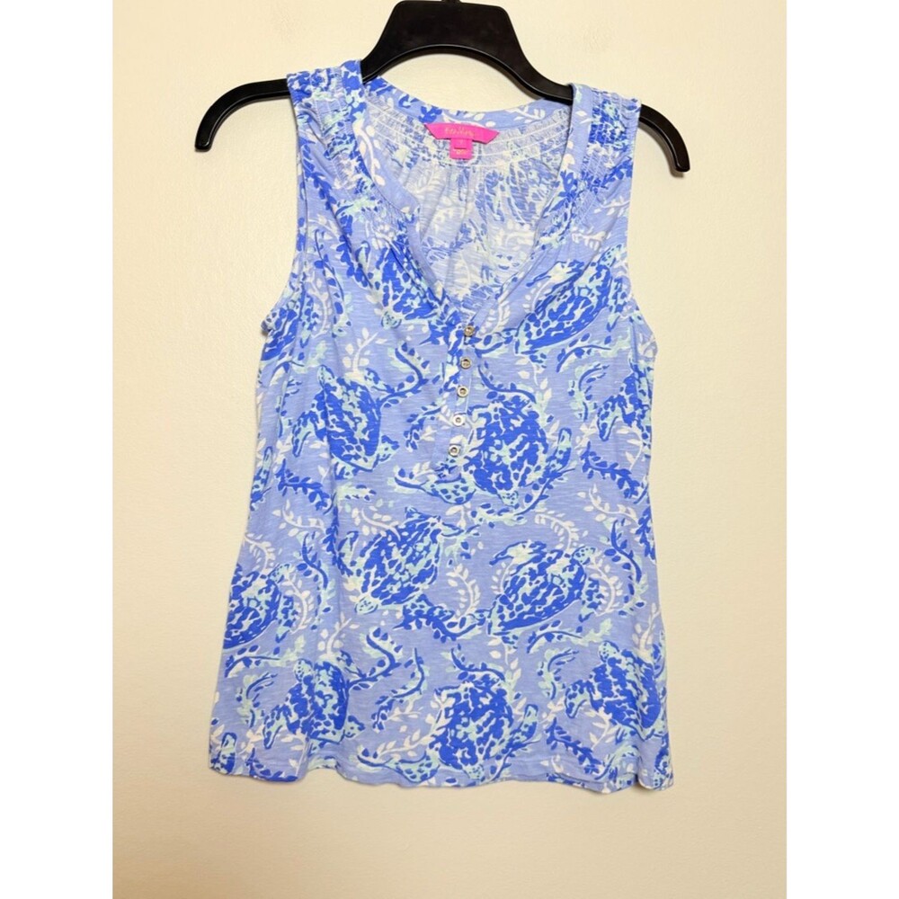 Lilly Pulitzer Essie Top Blue Turtley Awesome Print Sleeveless Tank Size Small